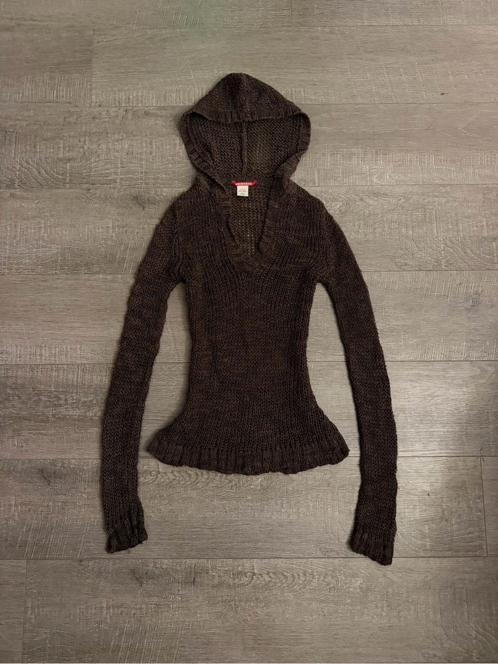 UNIONBAY Dark Brown y2k women’s V-Neck Hooded Knit Sweater